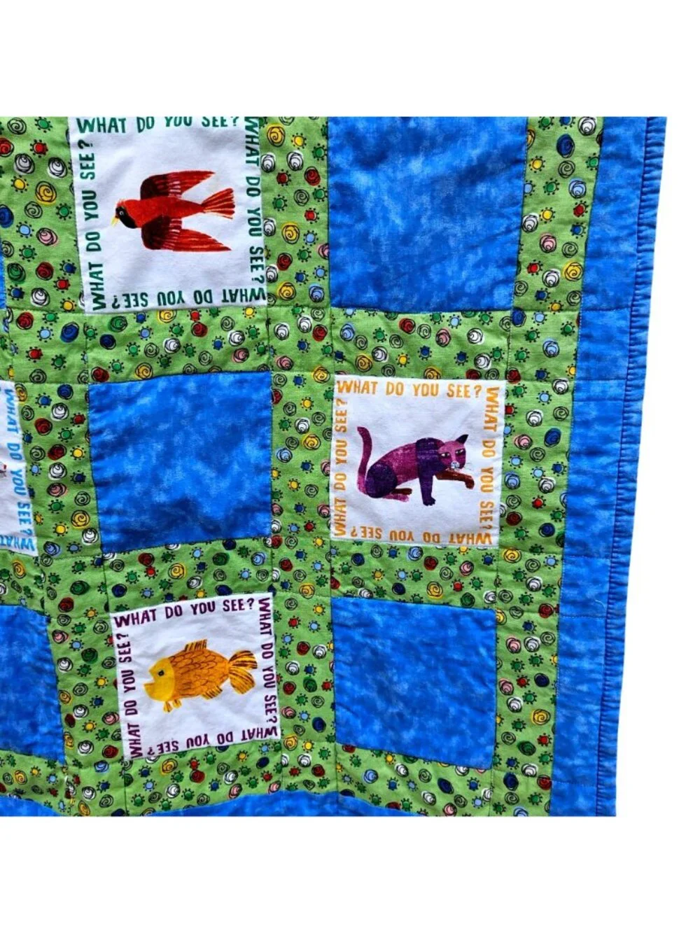 Vintage 90s Brown Bear What Do You See Baby Quilt Blue Green Cotton 39x32" Carle - Picture 5 of 12